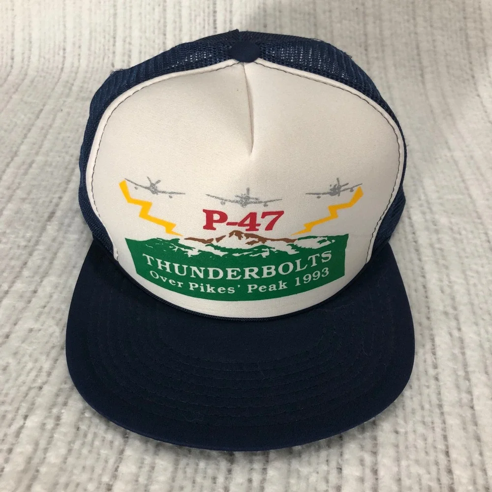 Vintage 1993 Sportcap P-47 Thunderbolts Over Pikes Peak Trucker Hat Navy Blue
